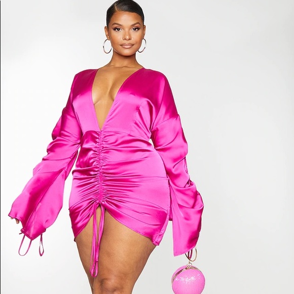Plus Fuchsia Satin Plunge Ruched Front Dress - Picture 1 of 6